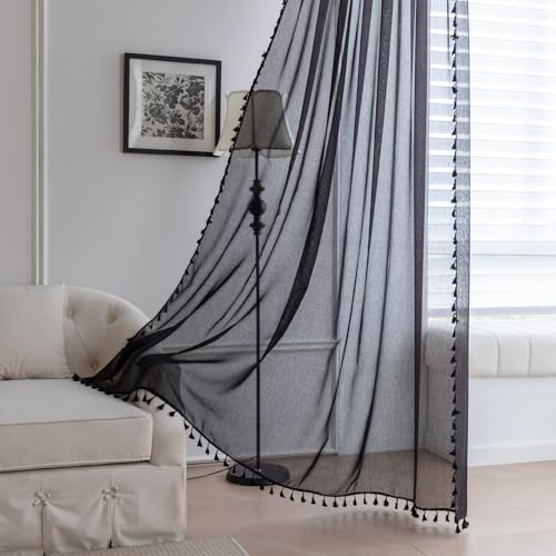 Black Sheer Curtains 63 inch Long, Fringed Edges and Textured Semi Sheer Curtains Large Window Treatments for Living Room/Bedroom, 2 Panels - color: Black, size: 52"W x 63"L (Pack of 2)