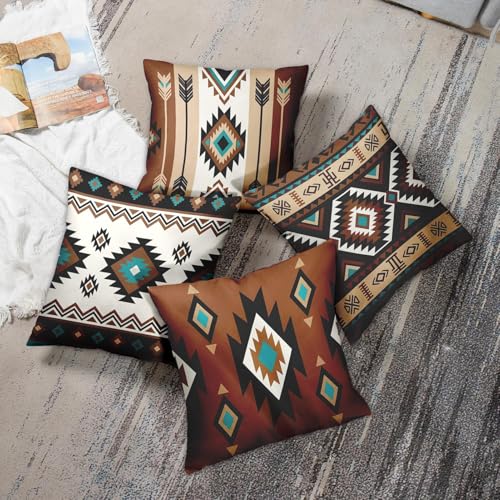 Throw Pillow Covers, Western Teal, Set of 4, 18"x18" - color: Southwestern Tribal 2