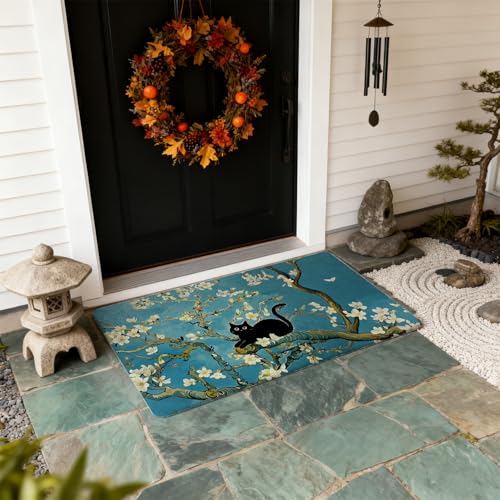 Van Gogh Inspired Almond Blossom Black Cat Door Mat Outdoor Indoor Entrance Entryway 17x30 in, Vintage Spring White Floral Funny Cat Welcome Mat for Front Door Porch645 - color: Fcolor009