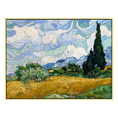 Wieco Art Framed Canvas Art Wheat Field with Cypresses by Van Gogh Classical Paintings Reproduction Modern Canvas Print Wall Art Landscape Pictures Artwork for Home Office Decor - size: 32"L x 24"W