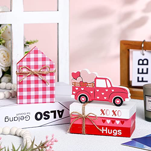 Blulu 5 Pcs Valentine's Day Decorations Valentine Table Centerpiece Valentines Tiered Tray Decor Reversible Wooden Truck Sign 3 Books Bundle with Twine Red Pink House Sign for Home Office Mantel Gift - style: Heart