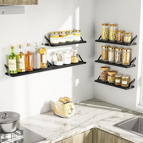 SRIWATANA Black Floating Shelves, 6-Piece Set Wood Wall Storage Unit