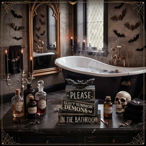 Moucuny 4 Pcs Halloween Bathroom Decoration Gothic Bat Wooden Stacked Block - style: Bat & Demon