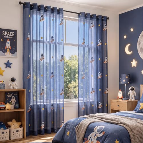 Tegeme 2 Panels Blue Astronaut Sheer Curtains for Bedroom 84 Inch - color: Blue, style: Astronaut