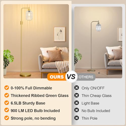 【Upgraded】 Dimmable Floor Lamp for Living Room with Clear Ribbed Glass Lampshade, Gold Modern Floor Lamp with 900LM LED Bulb Included, Arc Standing Tall Lamp for Bedroom, Office, Reading Room, Corner - color: Clear Ribbed Glass-Gold