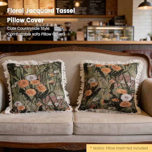 Vintage Floral Throw Pillow Cover with Fringe Trim, Cotton Cross Stitch Fabric, Abstract Oil Painting Style, Suitable for Living Room Sofa Bed, Flower and Plant Style (2 PCS Dandelion, 18*18 inch) - color: 2pcs Dandelion