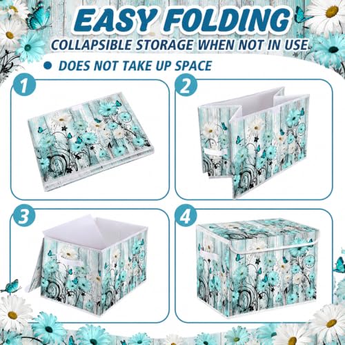 Briwooody Blue Daisy Storage Bin with Lid and Carrying Handle Floral Butterfly Foldable Storage Box Large Farmhouse Decorative Collapsible Container Basket for Organizing Closet Home Bedroom Gift - style: Daisy