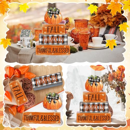 4 Pcs Fall Decor for Home Buffalo Plaid Pumpkin Wooden Signs with Blessed - style: Grid Pumpkin