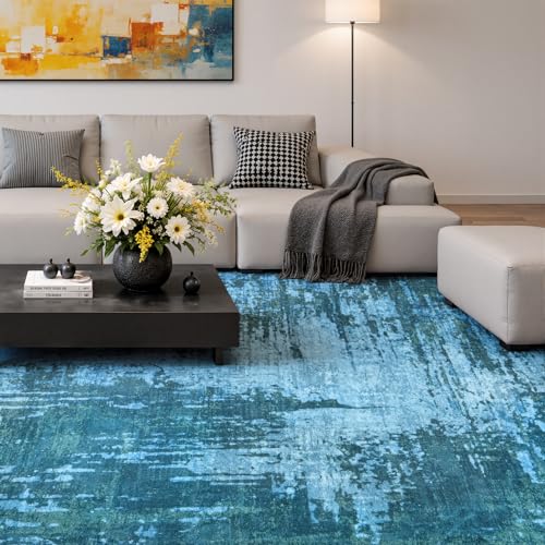 Merelax 6x9 Blue Washable Area Rug Non-Slip Faux Wool Abstract Rug - color: Blue, size: 6' x 9'(72''x108'')