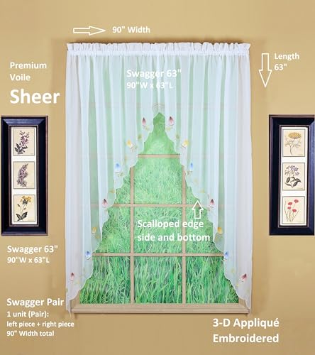 Today's Curtain,Vineyard 3-D Appliqué,Swagger 63", White, 90" W x 63" L - color: White, size: 90"W x 63"L (Pack of 1)