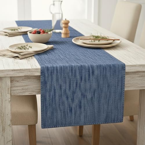 Textured Table Runner 90 inches Long with Decorative Stitched Edge Kitchen Table Runner Bedroom Dresser Scarf Dining Room Table Topper Washable Cotton Fabric Runner Furniture Top Cover Blue - color: Blue, size: 14"x 90"