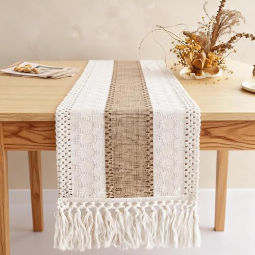 Boho Table Runner with Tassels, Farmhouse Rustic Macrame Table Runners for Spring Fall Home Decor Natural Cotton Linen Blend Dining Coffee Tables Centerpiece for Living Room Kitchen 108" - color: Beige, size: 108"