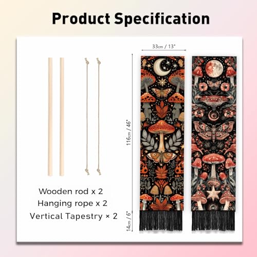 PLIGREAT 2 Pack Mushroom Moth Tapestry, Vintage Botanical Wall Hanging with Tassels Moon Plant Vertical Wall Tapestry for Bedroom Living Room Home Decorations, 52 x 13 Inch - color: red,black