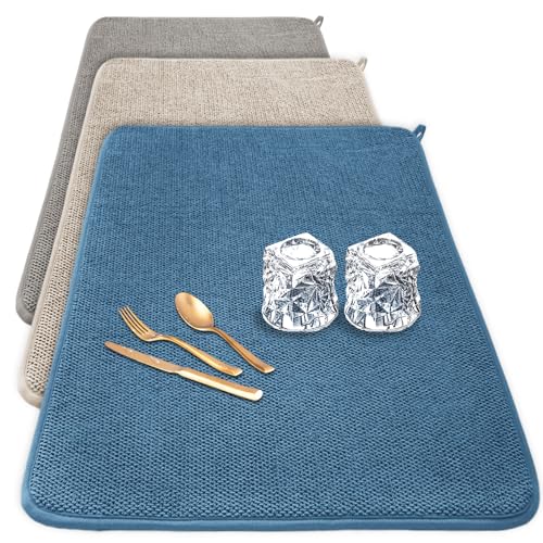3 Pack XXL Dish Drying Mats,24×17" Absorbent Microfiber Dishes Drainer Mats,Large Size Pads for Kitchen Counter,Coffee,Rack,Under Sink(Beige,Blue,Gray)