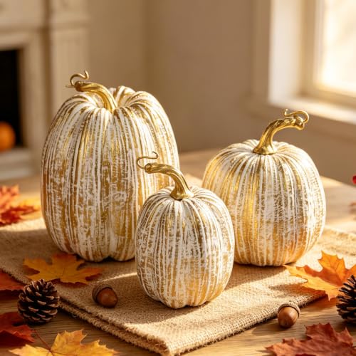 winemana Gold Pumpkins Fall Decor Large Artificial Foam Pumpkin, 3 Pack - color: Gold-2