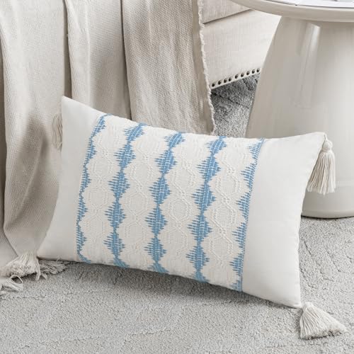 Fancy Homi Set of 2 Boho Light Blue Long Lumbar Decorative Throw Pillow Cover 12x20 Inch for Couch Bed Sofa Chair, Modern Farmhouse Home Decor, Soft Cotton Accent Rectangle Cushion Case with Tassels - color: Light Blue, size: 20" x 12" (Pack of 2)