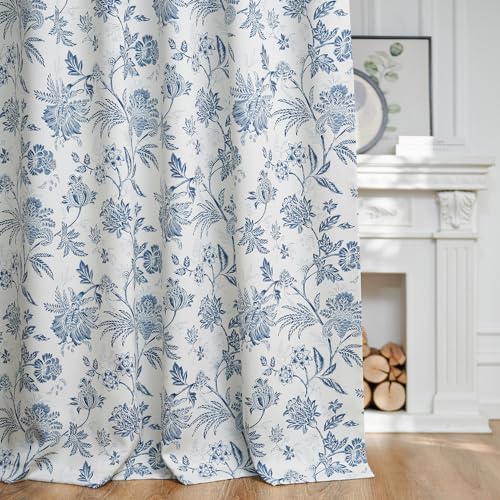 jinchan Blue Floral Blackout Curtains 96 Inch Vintage Back Tab 2 Panels - color: *Blue, size: 52"W x 96"L (Pack of 2)