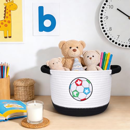 Woven Basket with Handle, 2026 World Cup Storage Basket Laundry Basket Organizer for Baby Shower, Blanket, Shelf, Cat Dog Toy Organizer, or Gifts Empty, 9"x9"x7" Baskets for Organizing - color: White & Black