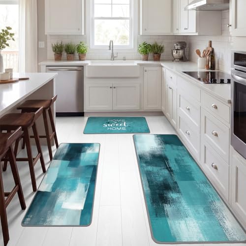 Fourluoo 3 Pcs Teal Turquoise Kitchen Rugs and Mats Set - color: Teal