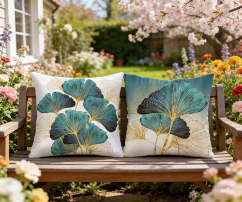 Throw Pillow Cover Teal Ginkgo Leaves - 18 x 18 Inch Turquoise Pillow Cushion Cover - Set of 2 Square Cushion Case, Great for Sofa, Bedroom, Yard, Living Room Home Decor