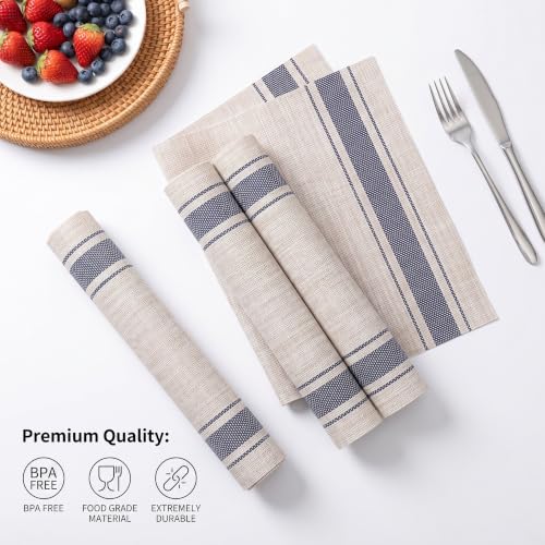 Winknowl Placemats Set of 6, Heat Resistant Non-Slip Vinyl Woven Table Mats for Dining Table, Washable Durable Elegant Place Mats for Kitchen Indoor/Outdoor Use (Beige Blue) - color: Beige Blue, size: Set of 6