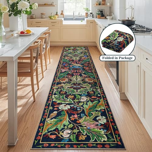 nesrt 2x10 Botanical Runners for Hallways Kitchen Rug Non Slip, Long Washable Boho Jungle Runner Rugs, Soft Floral Forest Birds Carpet Runner for Hall, Laundry, Bedroom, Bathroom (Dark Green) - color: Dark Green, size: 2' x 10' (Rectangular)