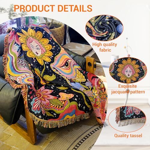 Hippie Flower Boho Throw Blanket for Couch Bed Chair Lounge Hippie Room Decor Reversible Cotton Woven Whimsical Throw Blanket Witchy Room Decor Throws Bed Spread Outdoor Camping Blanket 51x59 Inches - color: Woven Hippie Girl