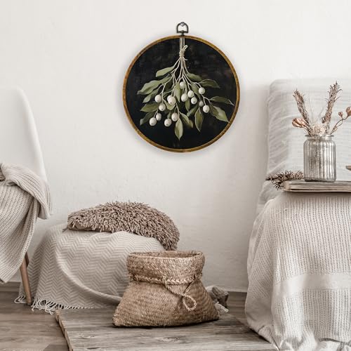 XPH Vintage Moody Christmas Round Wall Art Framed, Dark Academia Mistletoe Circle Wall Decor, Winter Cottagecore Botanical Hanging Canvas Prints for Home Bedroom Living Room Decoration, 10x10 Inch - color: Christmas 18