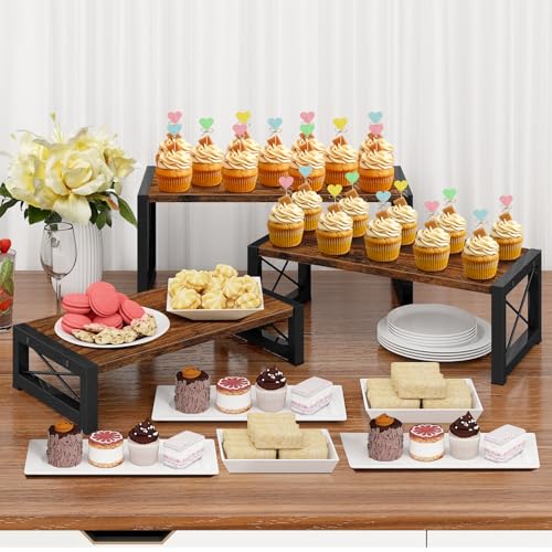 ELITEROO 3 Tier Cupcake Stand & Wood Display Risers, Dessert Stands for Cup Cake or Food, Riser Display Stand for Perfume Collectibles, Tiered Shelf Organizer for Market Retail Vendors, Rustic Brown - color: 3 Tier, Rustic Brown