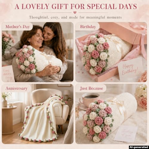 Rose Crochet Flower Bouquet Blanket, Handmade Knitted Throw Blanket - color: Tricolor Rose, size: Medium