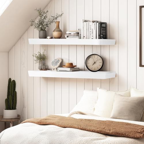 36x6.8x1.6in Slanted Solid Wood Floating Wall Shelves 2-Pack White - color: White, size: 36"-Set of 2