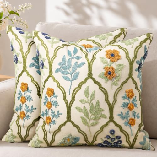 Embroidered Throw Pillow Covers 18x18, Set of 2, Verdant Blooms - color: Verdant Blooms, size: 18" x 18" (Pack of 2)