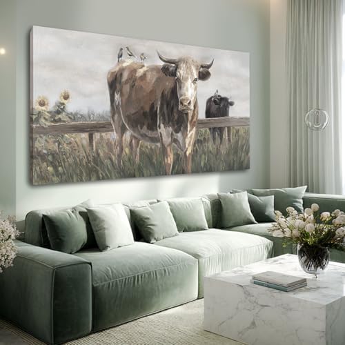 ZENPEE Large Brown and Black Cow Canvas Wall Art – Vintage Farmhouse Animal Decor for Bedroom, Bathroom, Office, Fireplace & Kitchen, 29 x 58 Inch - color: Taupe, size: 58"L x 29"W