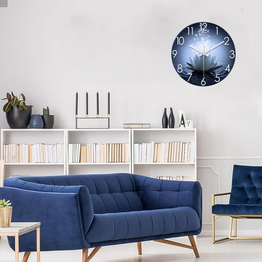 XFM White Lotus Glass Wall Clock 20 Inch Blue Zen Flowers - color: White Lotus, size: 20 Inch