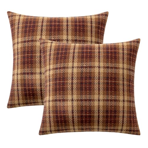 MIULEE Tartan Plaid Throw Pillow Covers Fall 18x18 Inch Reddish Brown - color: Reddish Brown, size: 18" x 18" (Pack of 2)