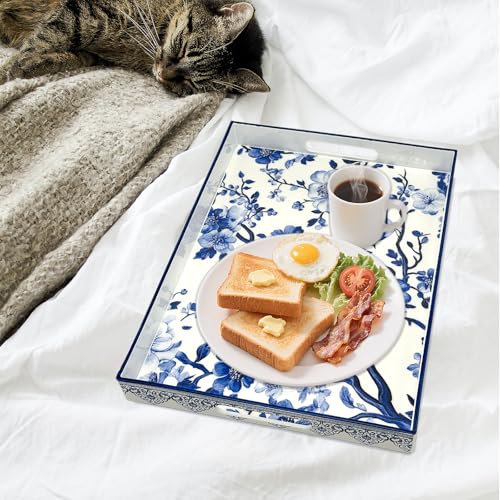 Serving Tray with Handles, 15.7 * 11.8 inches, Plastic Ottoman Tray with Exquisite Paintings, Trays for Coffee Table - color: Blue Sparrow