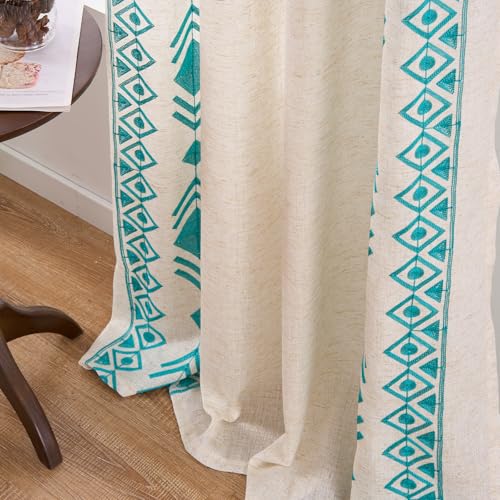 Teal Boho Linen Curtains 63 Inch 2 Panels for Living Room Bedroom - color: Geometric-teal, size: 52"W x 63"L (Pack of 2)