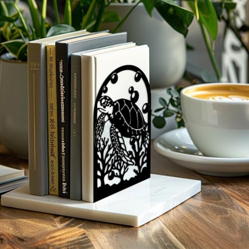 Peacoblue 5.3"x4.3"x7.9" Metal Bookends, Heavy Duty Book Ends for Shelves - style: Sea Turtle