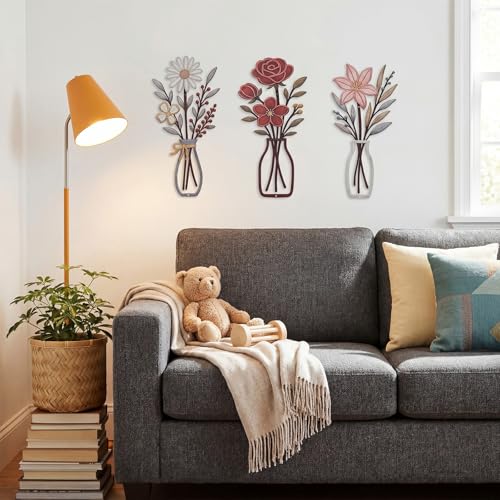 Pelopy 3 Piece Metal Flower Wall Art Rustic Farmhouse Floral Decor for Living Room, Bedroom, Bathroom, Dining Room Boho Modern Minimalist Wall Hanging Sculptures Gifts Decoration