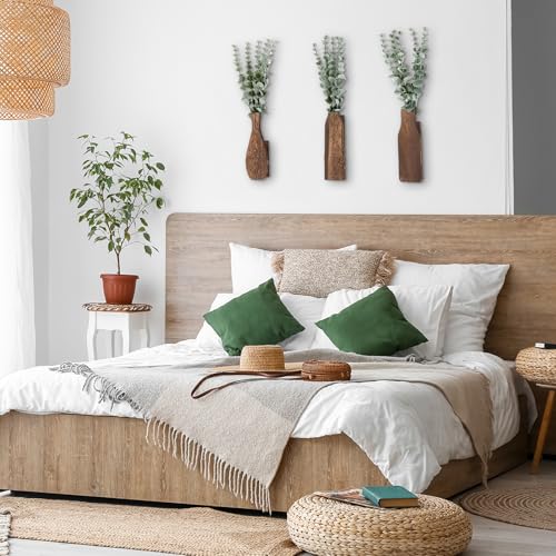 Kathfly 3pcs Wooden Wall Planter Vase with 3pcs Artificial Eucalyptus Boho Hanging Planter for Indoor Plants Wood Wall Art Decor Modern Farmhouse Entryway Bathroom Decor