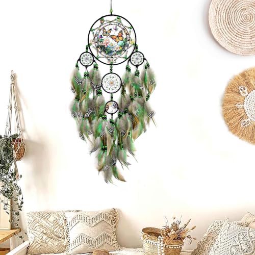 Large Dream Catchers, Rainbow Healing Crystal Tree of Life Dreamcatcher with Butterfly Suncatcher for Windows Hangings Decor, Home Wall Hanging Decor,Adults Boys Girls Festival Blessing Gift (Green)