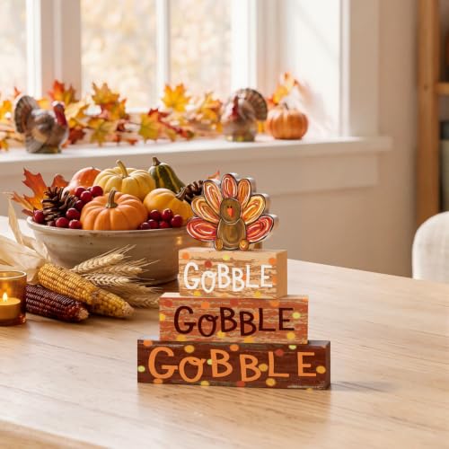 Smile Thanksgiving Wooden Block Signs, Gobble Turkey Decorations - style: Turkey