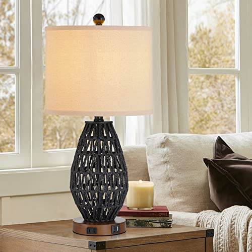 CINSARY Touch Control Rattan Table Lamps, 3 Way Dimmable Bedside Lamps for Bedroom Set of 2 with 2 USB Ports and AC Outlet, Wicker Nightstand Lamps for Living Room (LED Bulbs Included), Black - color: Black