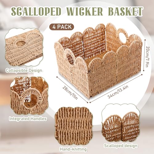 Leinuosen 4 Packs Scalloped Wicker Storage Basket Paper Rope Pantry Baskets for Shelves Organizing Toilet Paper Foldable Rattan Cube Storage Bins Boho Organizer Bins for Home, 13 x 11 x 7.9 Inches