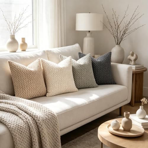 ZONYO Throw Pillow Covers 18x18 Set of 4, Soft Bubble Texture Corduroy Decorative Pillows, Fade Resistant Washable Beige Grey Cushion Covers for Couch Sofa Bed, Boho Farmhouse Living Room Decor - color: Grey Beige