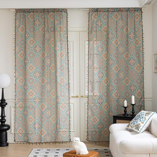 Blue Geometric Sheer Curtains 63 inch Long, Fringed Edges and Textured Semi Sheer Curtains Large Window Treatments for Living Room/Bedroom, 2 Panels - color: Blue Geometry, size: 52"W x 63"L (Pack of 2)