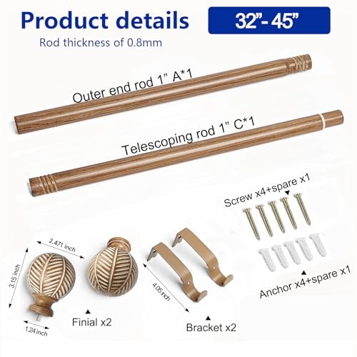 Wood Curtain Rods for Windows: 1 Inch Diameter Adjustable Heavy Duty Curtain Rod 32" to 45" with Imitation Wood Grain Leaf Pattern Finials - color: Wood grain, size: 32"-45"|1 PACK
