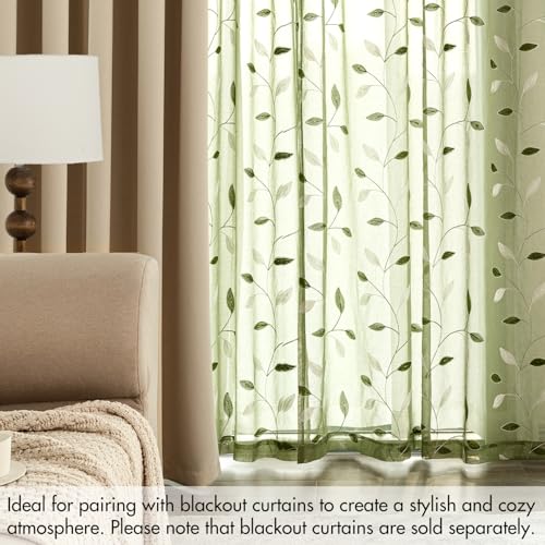 MIULEE Sage Green Sheer Curtains 2 Panels Leaf Patterned, W52 x L63 - color: Sage Green, size: 52"W x 63"L (Pack of 2)
