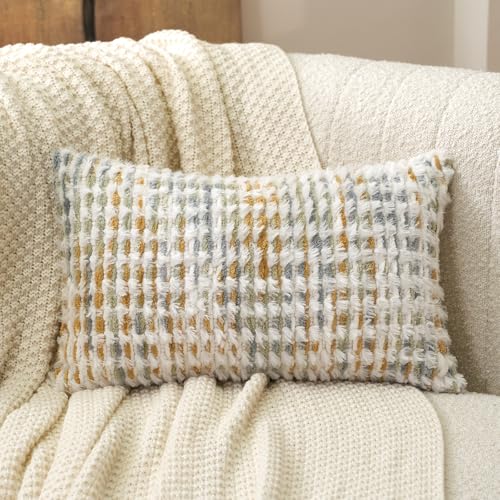 Aeckself Boho Chenille Tufted Pillow Cover 12 x 20 Inch, Rectangle Decorative Lumbar Throw Pillow Cover Neutral Pillowcase for Couch Bedroom Living Room, Yellow White - color: Yellow White, size: 20" x 12" (Pack of 1)