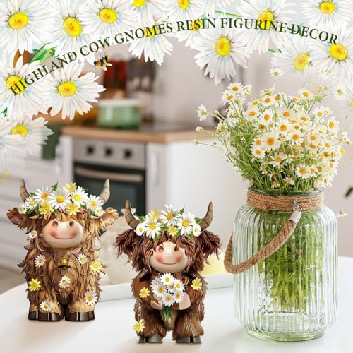 2 Pcs Highland Cow Figurines Decor, Daisy Flower Style - style: Daisy Flower